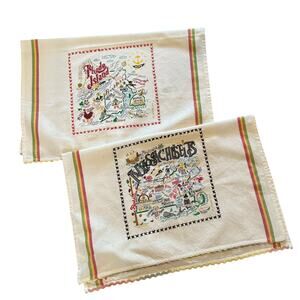 2 CatStudio Embroidered State Tea Towels Rhode Island Massachusetts